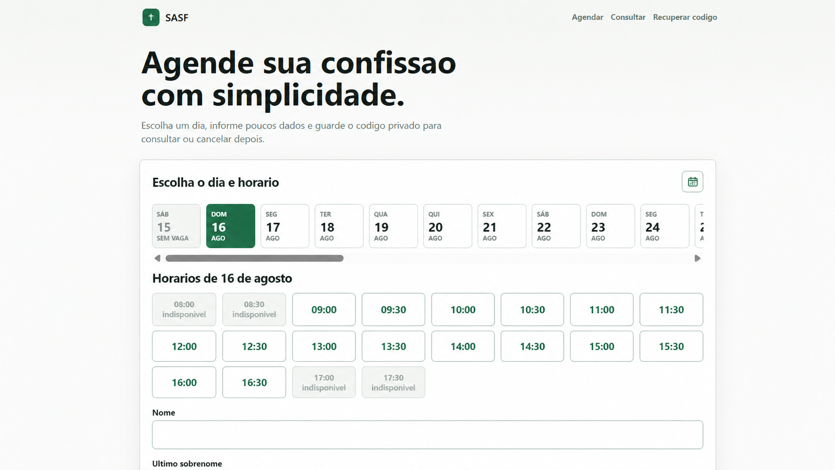 Tela de agendamento de confissões do projeto SASF